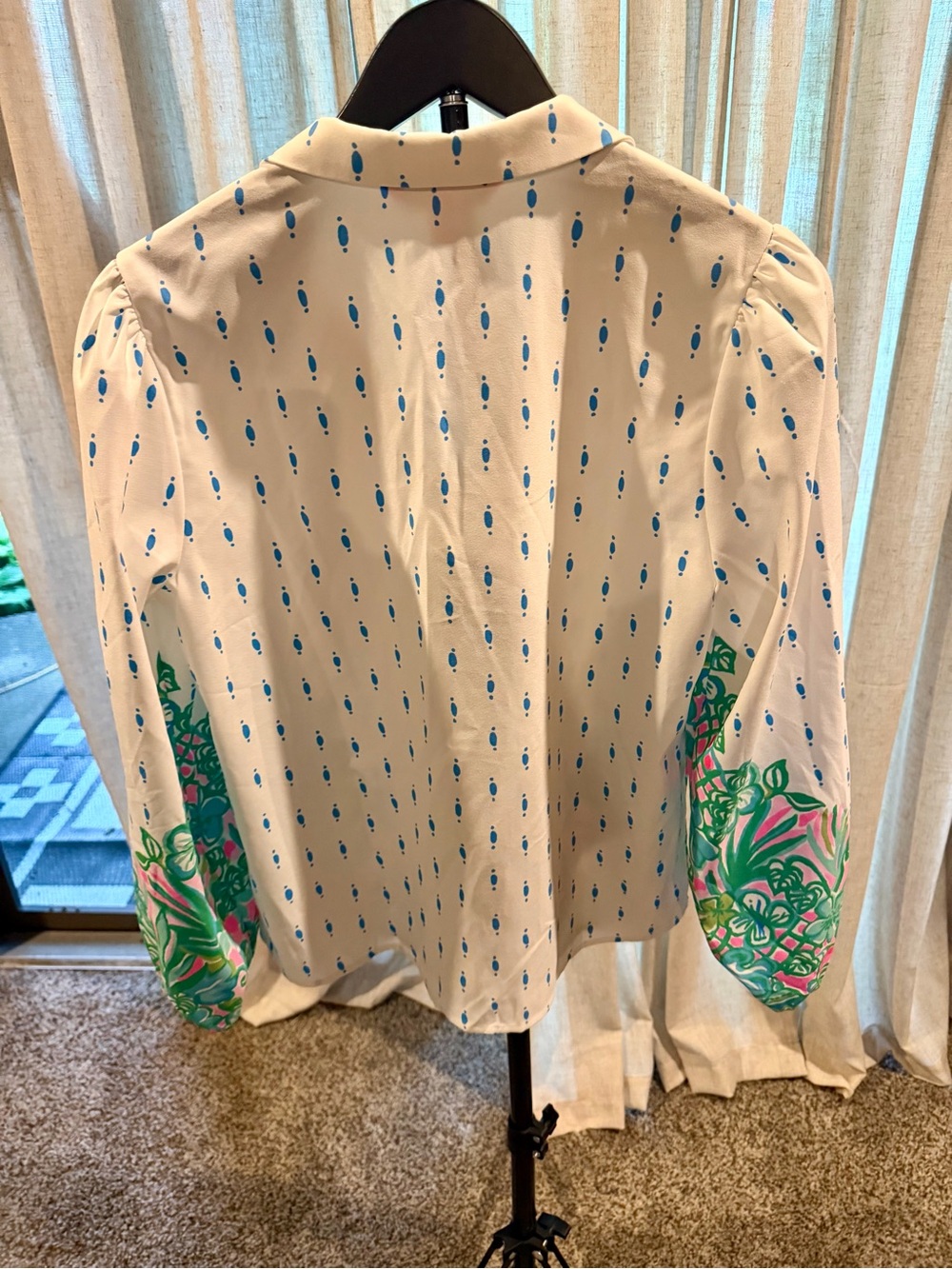 Lilly Pulitzer White Button-Down Shirt with Green and Pink Botanical Border - Picture 2 of 4